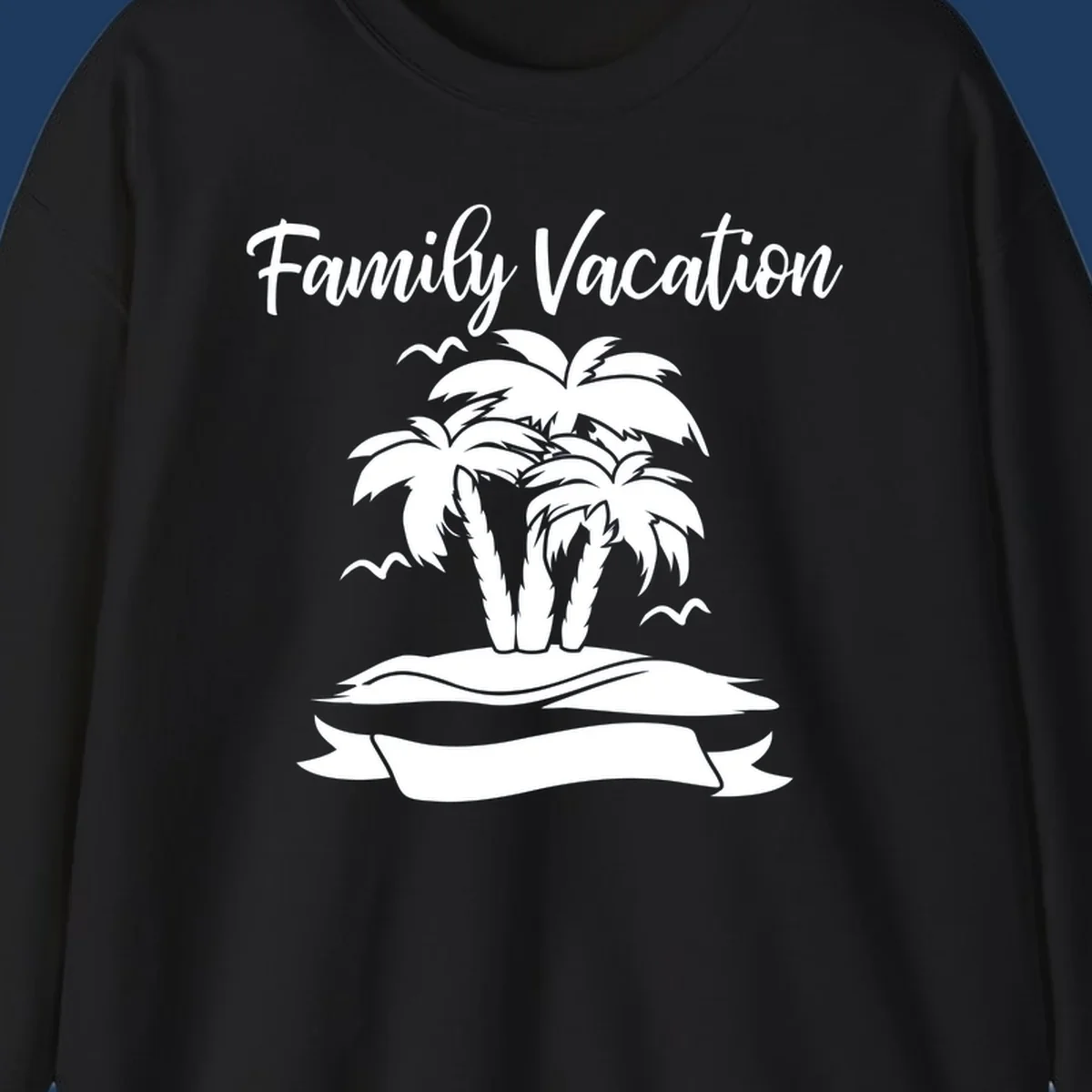 Illustration of two palm trees on a sandy island with seagulls and 'Family Vacation' text in script font