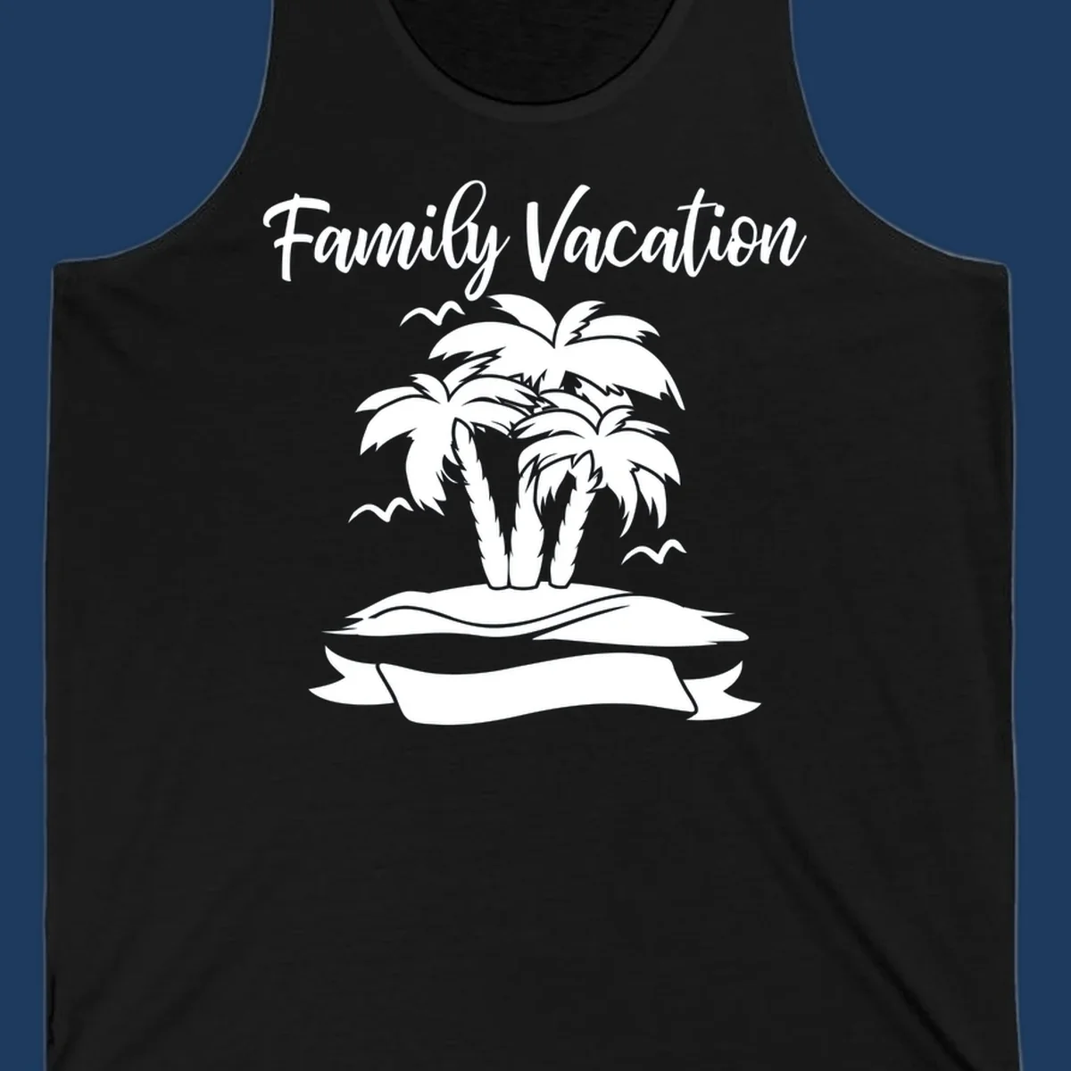 Illustration of two palm trees on a sandy island with seagulls and 'Family Vacation' text in script font