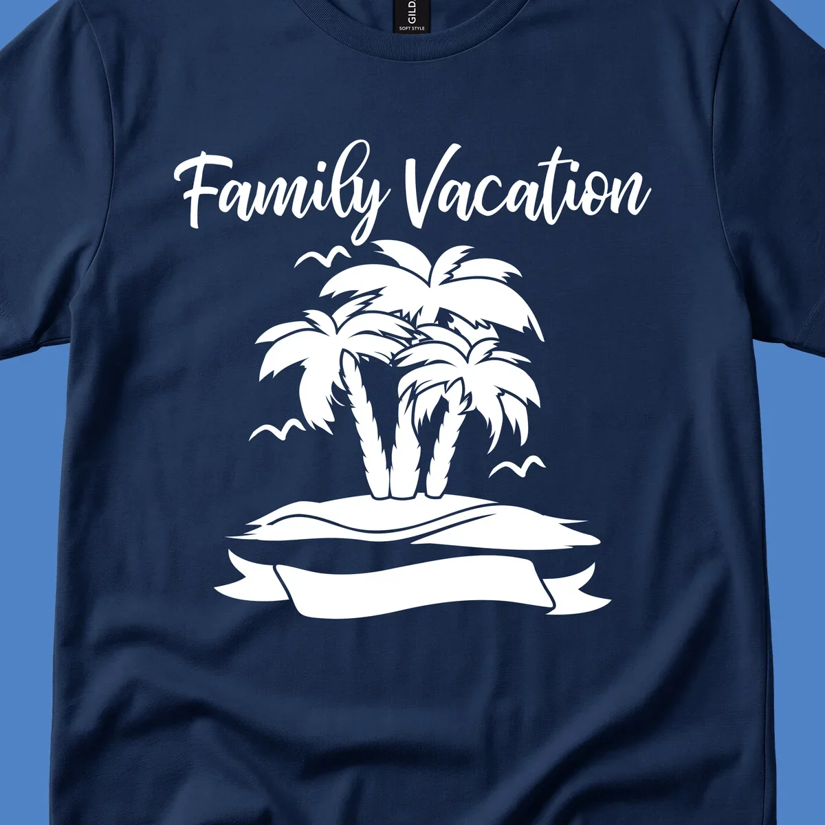 Illustration of two palm trees on a sandy island with seagulls and 'Family Vacation' text in script font