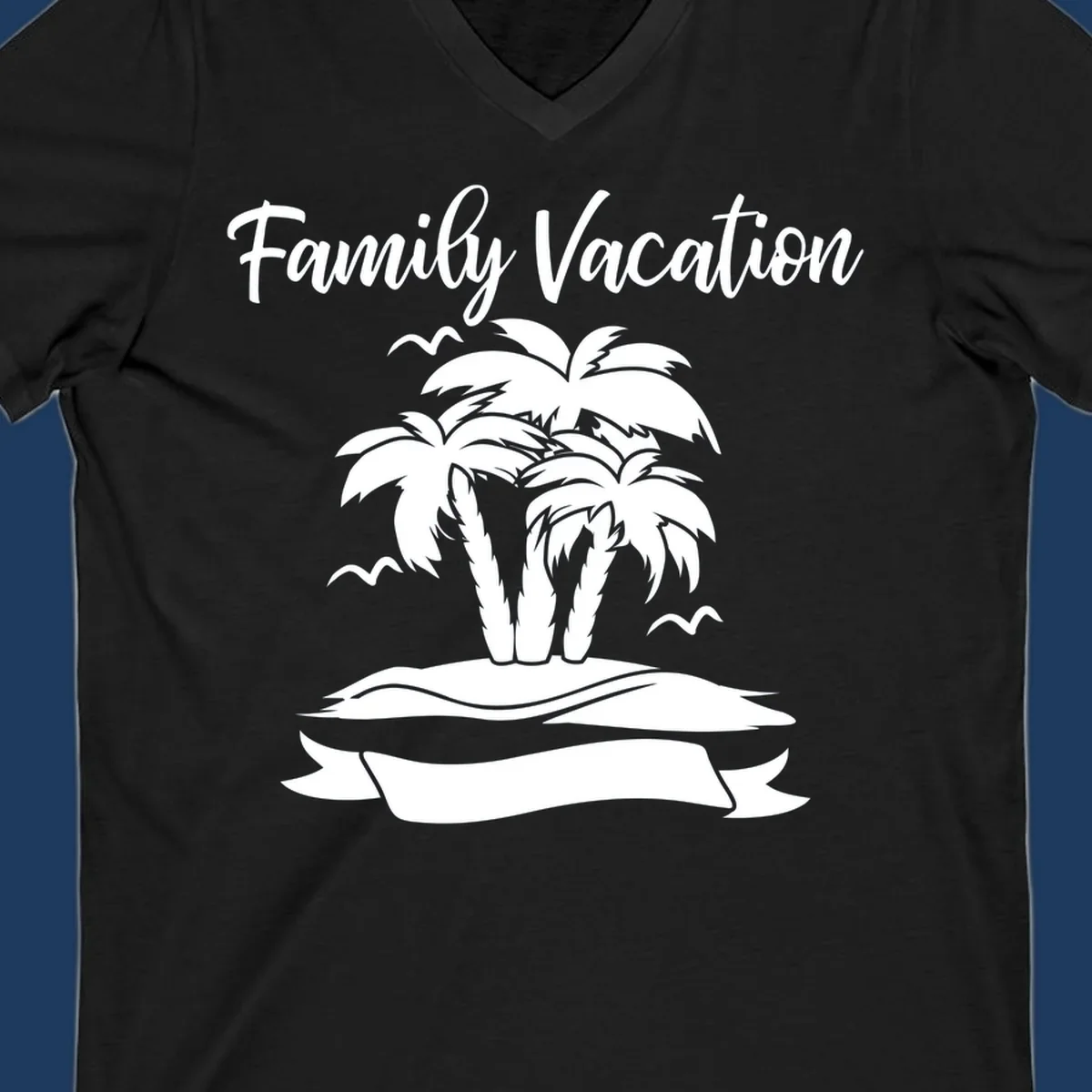 Illustration of two palm trees on a sandy island with seagulls and 'Family Vacation' text in script font