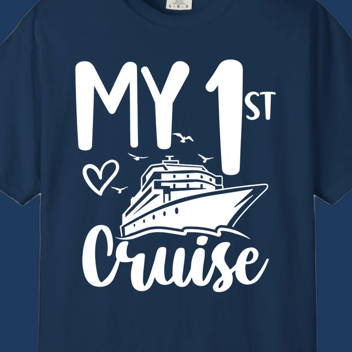 White illustrated cruise ship with heart and seagulls, text reads MY 1ST Cruise on gray background celebrating first-cruise-celebration