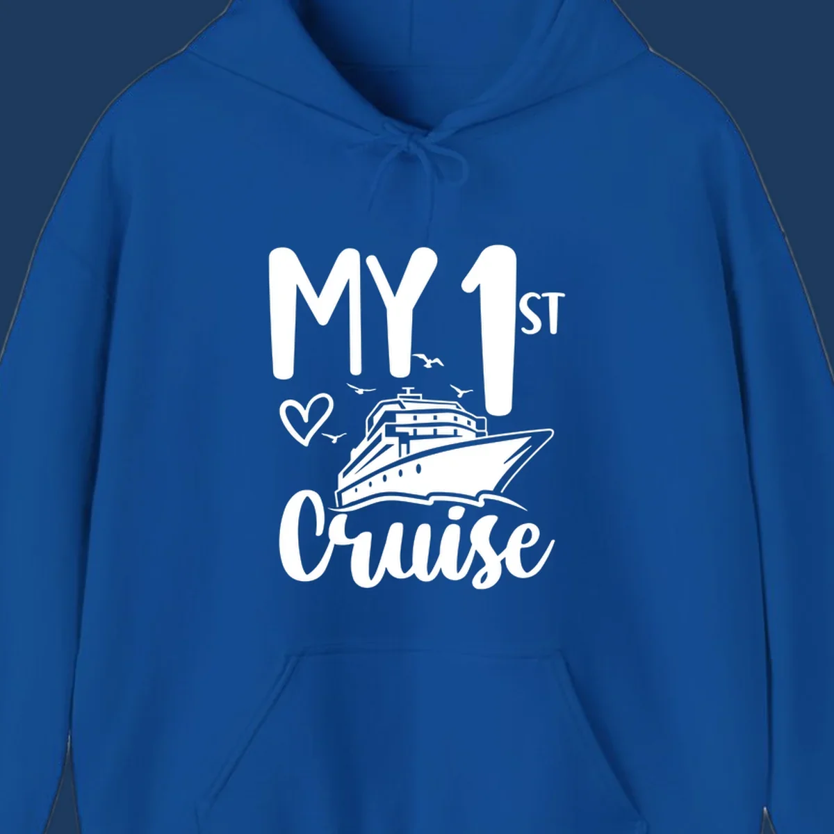 White illustrated cruise ship with heart and seagulls, text reads MY 1ST Cruise on gray background celebrating first-cruise-celebration