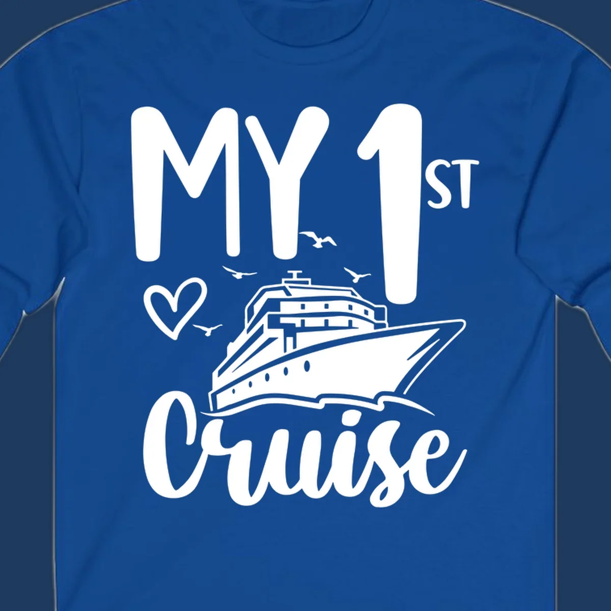 White illustrated cruise ship with heart and seagulls, text reads MY 1ST Cruise on gray background celebrating first-cruise-celebration