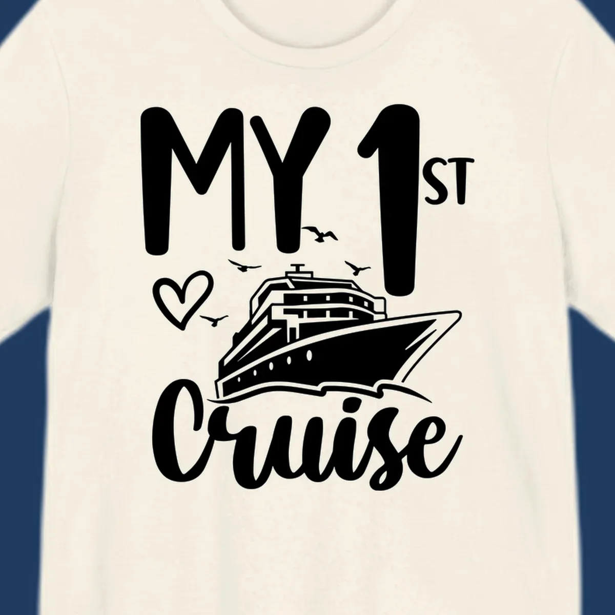 White illustrated cruise ship with heart and seagulls, text reads MY 1ST Cruise on gray background celebrating first-cruise-celebration