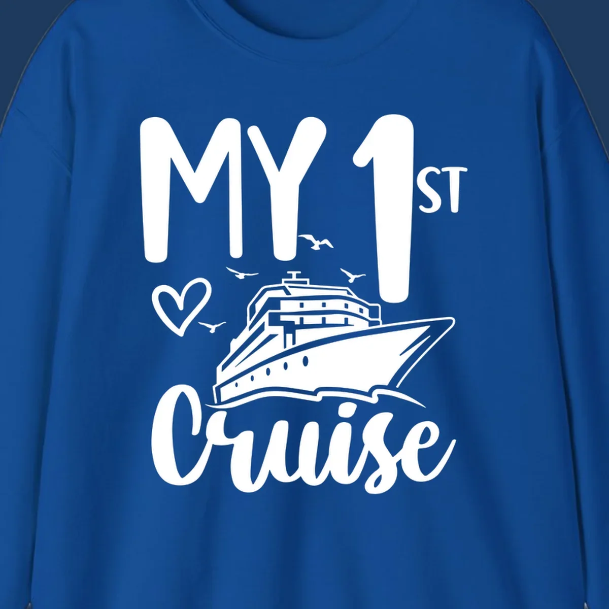 White illustrated cruise ship with heart and seagulls, text reads MY 1ST Cruise on gray background celebrating first-cruise-celebration