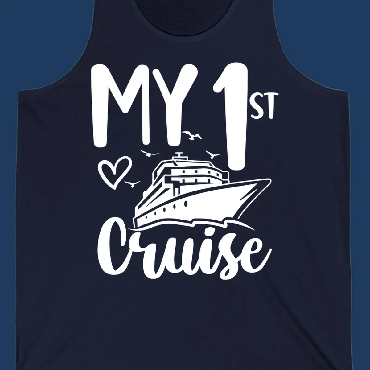 White illustrated cruise ship with heart and seagulls, text reads MY 1ST Cruise on gray background celebrating first-cruise-celebration