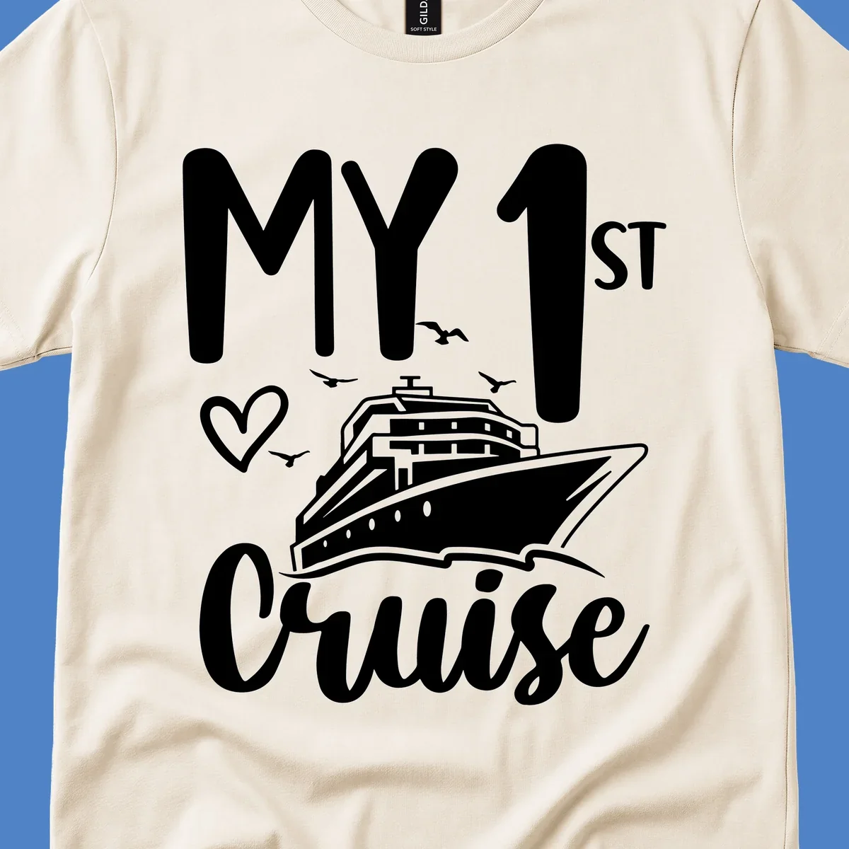 White illustrated cruise ship with heart and seagulls, text reads MY 1ST Cruise on gray background celebrating first-cruise-celebration