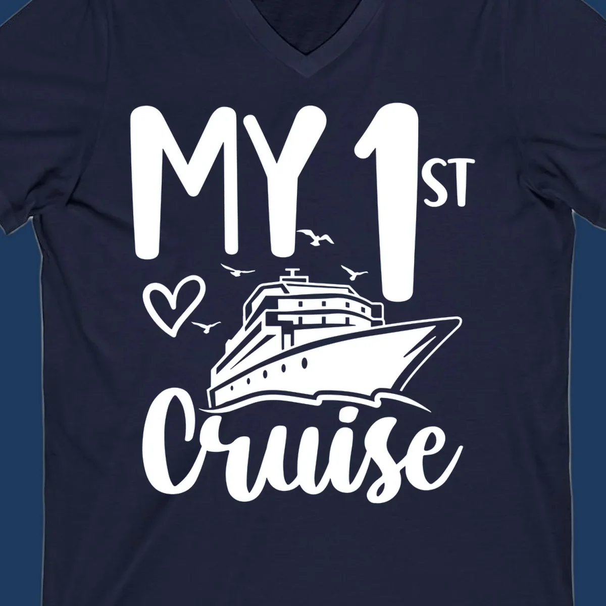 White illustrated cruise ship with heart and seagulls, text reads MY 1ST Cruise on gray background celebrating first-cruise-celebration