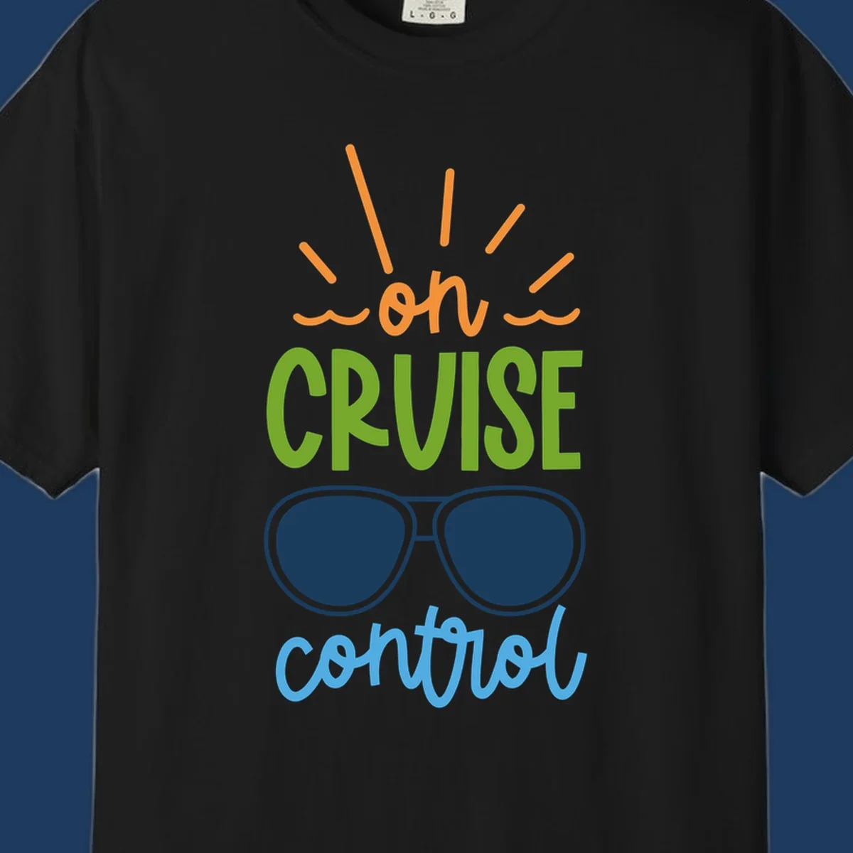 Colorful oh cruise control design with sun rays, wavy lines, and sunglasses illustration