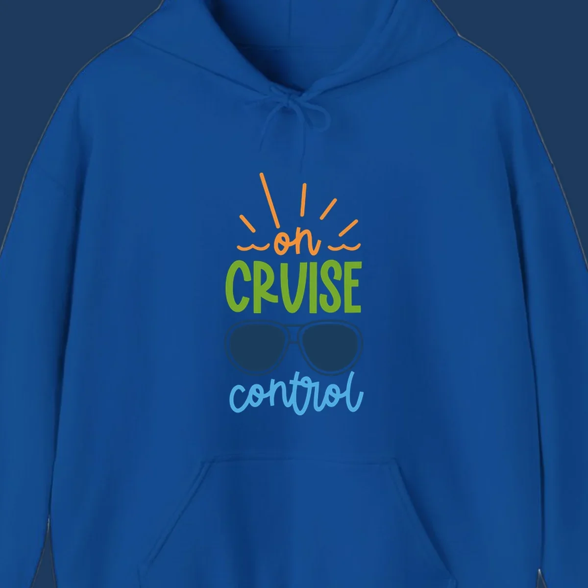 Colorful oh cruise control design with sun rays, wavy lines, and sunglasses illustration