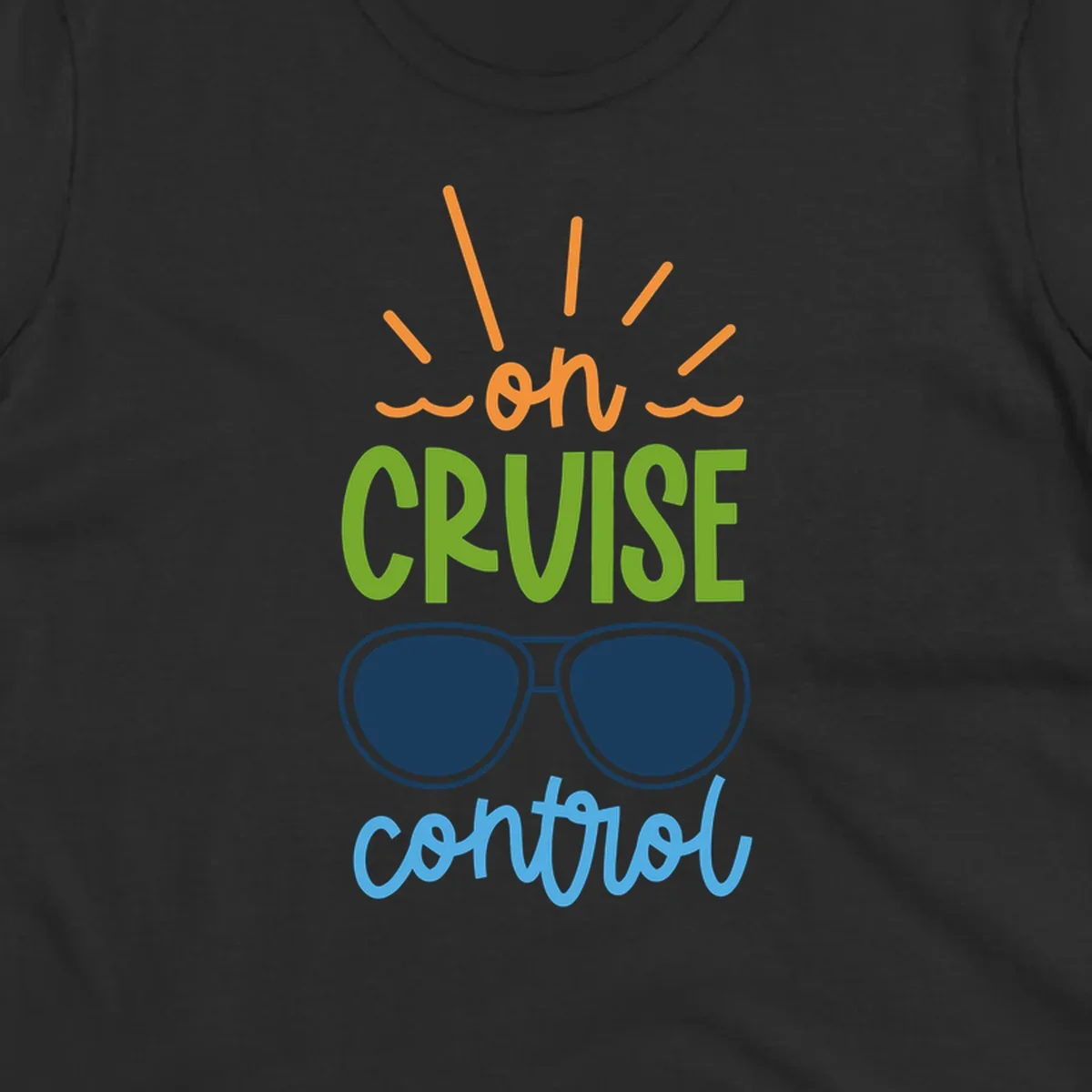 Colorful oh cruise control design with sun rays, wavy lines, and sunglasses illustration