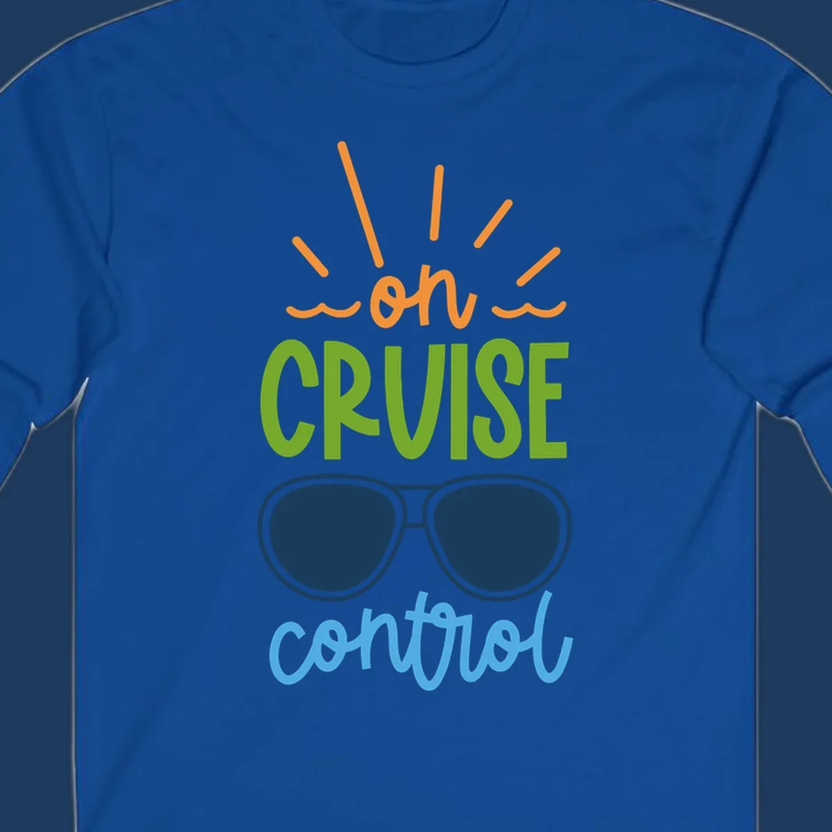 Colorful oh cruise control design with sun rays, wavy lines, and sunglasses illustration