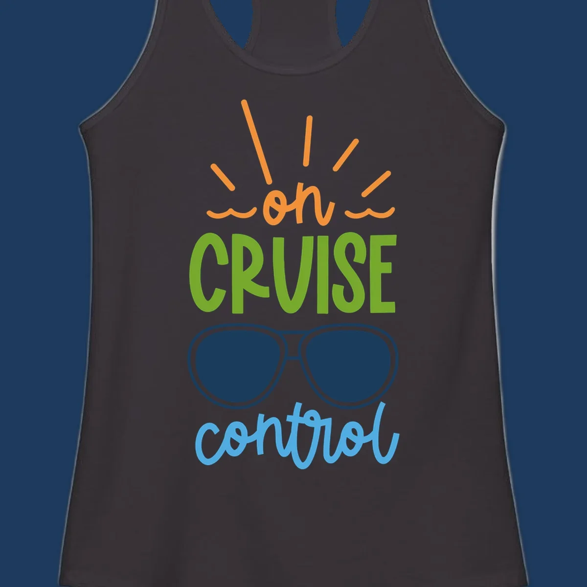 Colorful oh cruise control design with sun rays, wavy lines, and sunglasses illustration