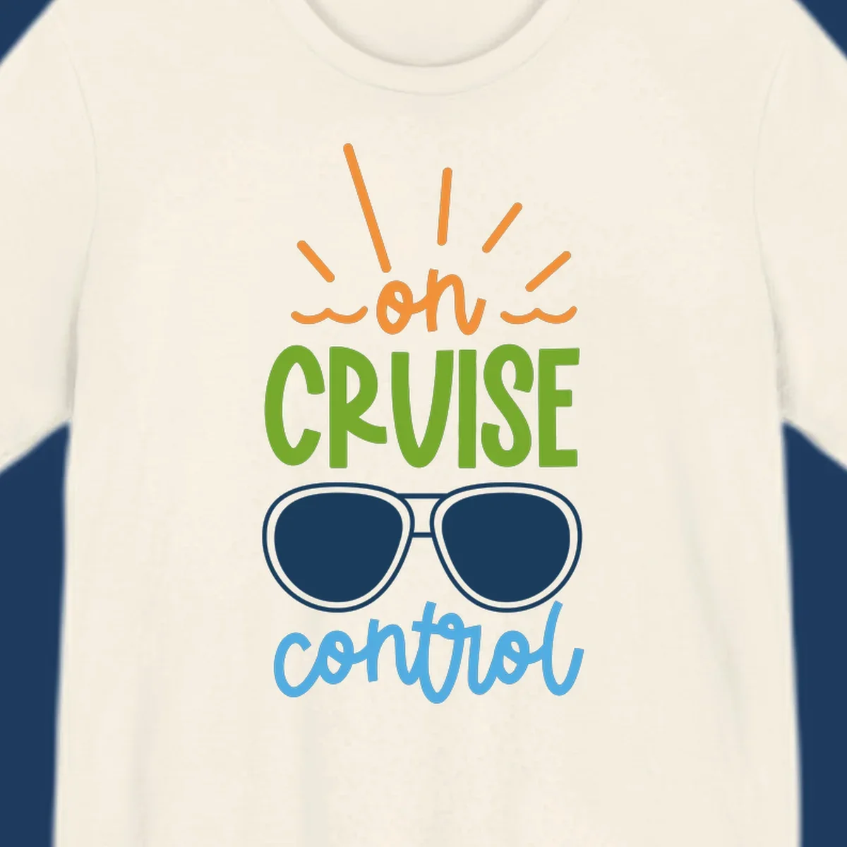 Colorful oh cruise control design with sun rays, wavy lines, and sunglasses illustration