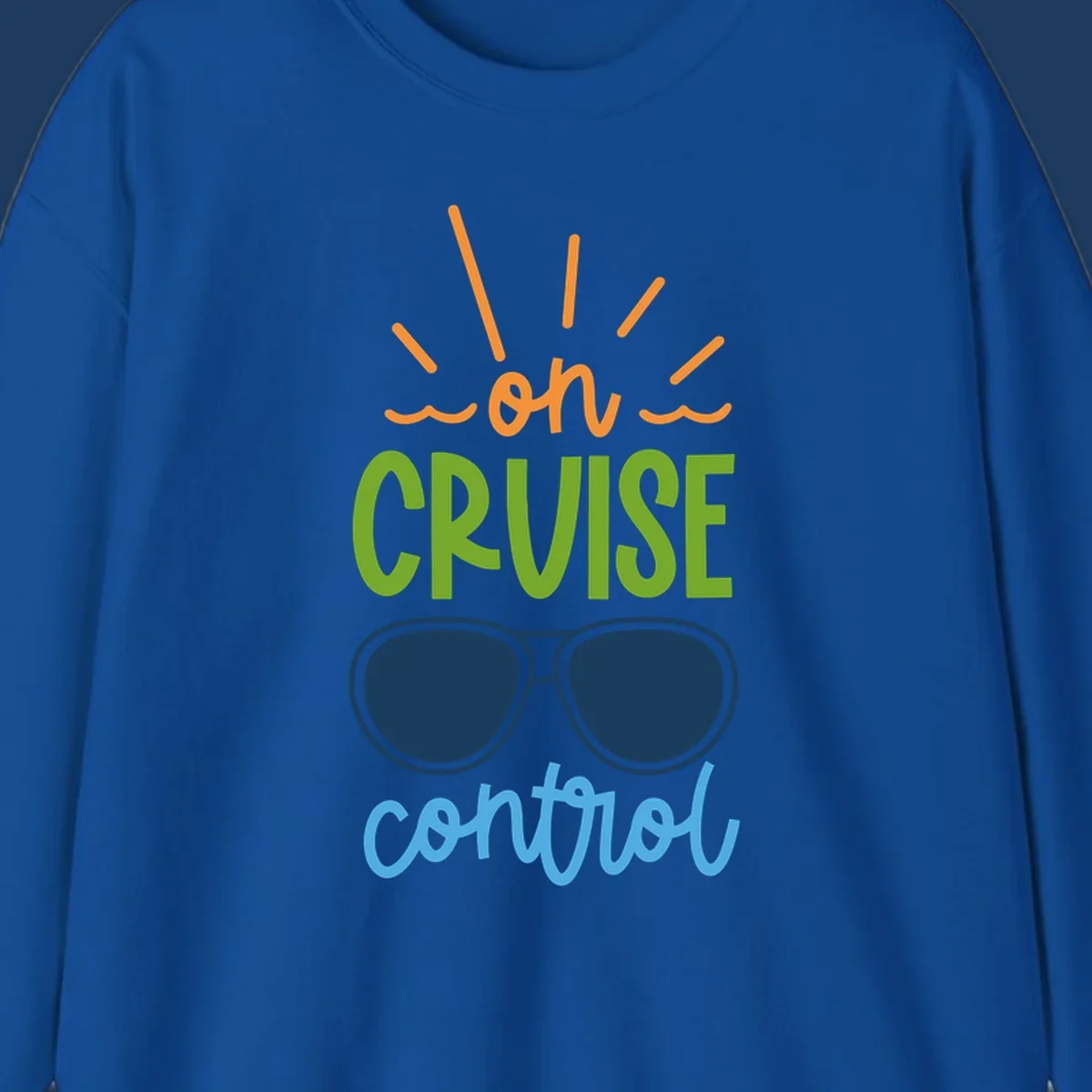 Colorful oh cruise control design with sun rays, wavy lines, and sunglasses illustration