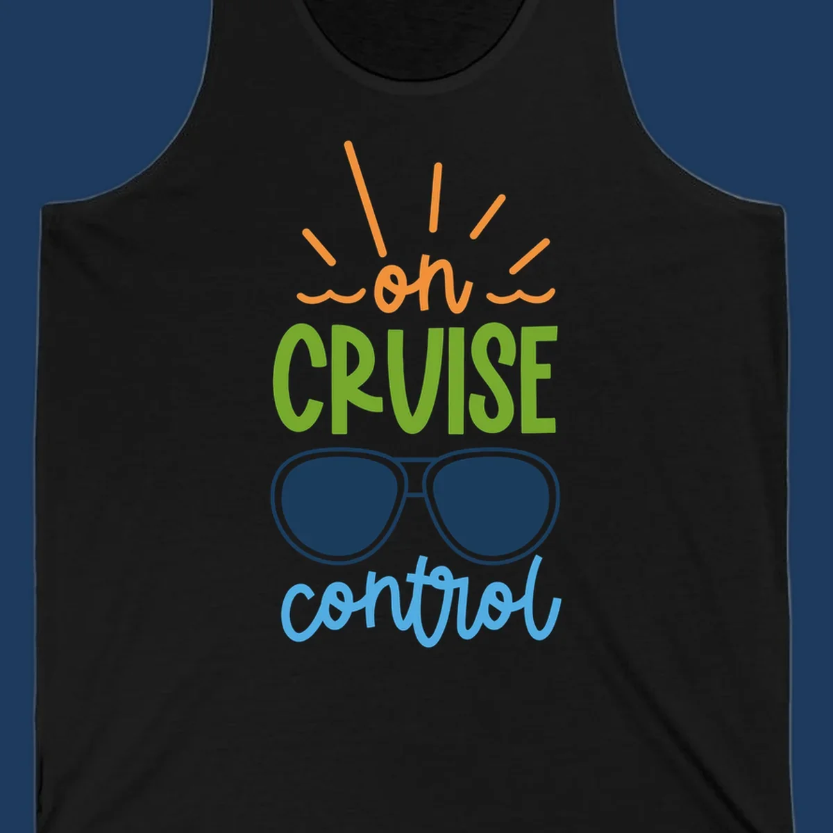 Colorful oh cruise control design with sun rays, wavy lines, and sunglasses illustration