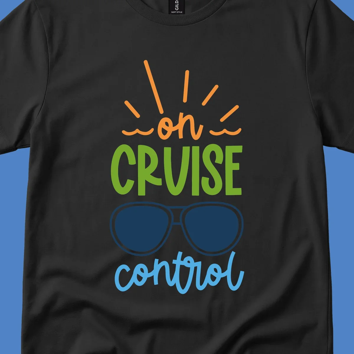 Colorful oh cruise control design with sun rays, wavy lines, and sunglasses illustration