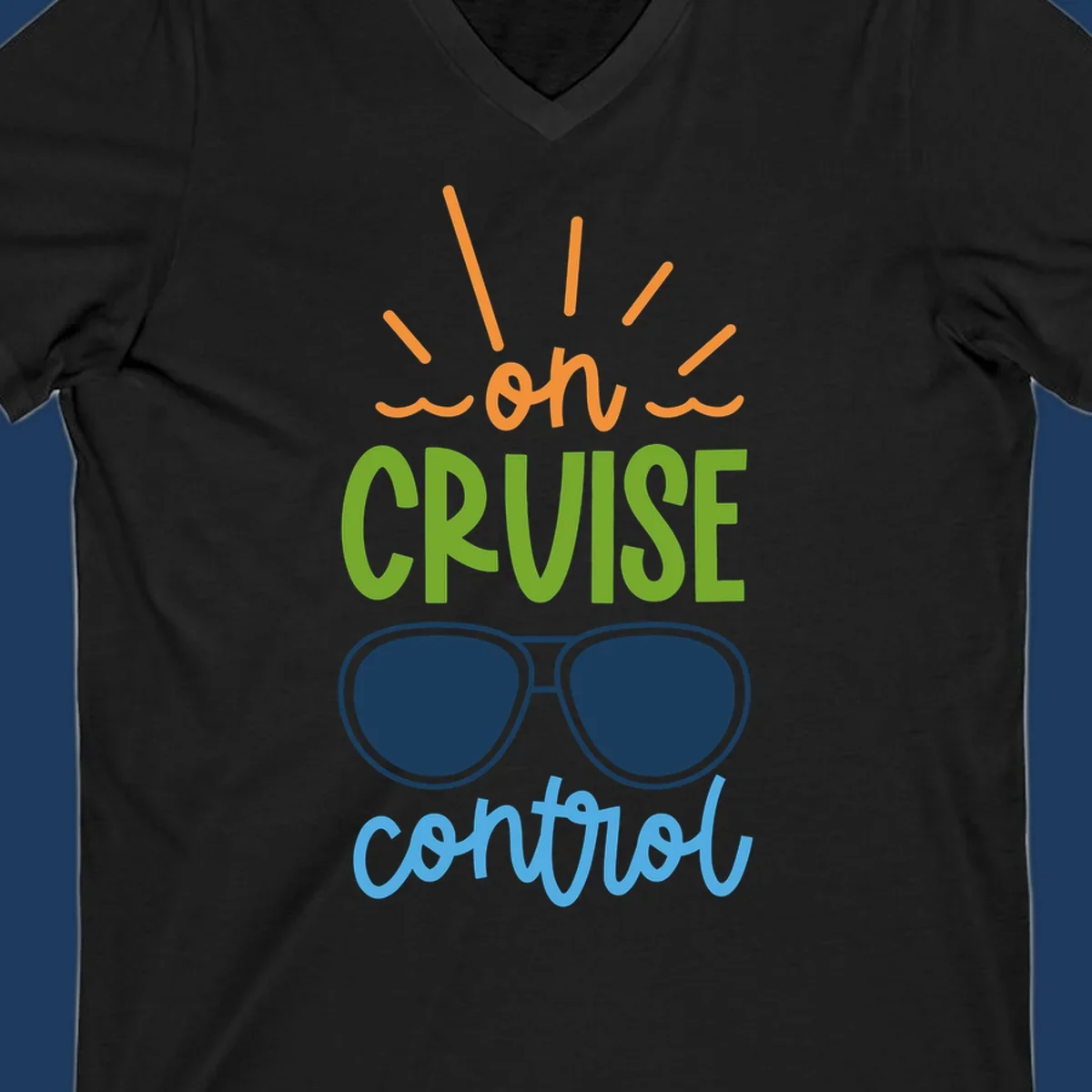 Colorful oh cruise control design with sun rays, wavy lines, and sunglasses illustration
