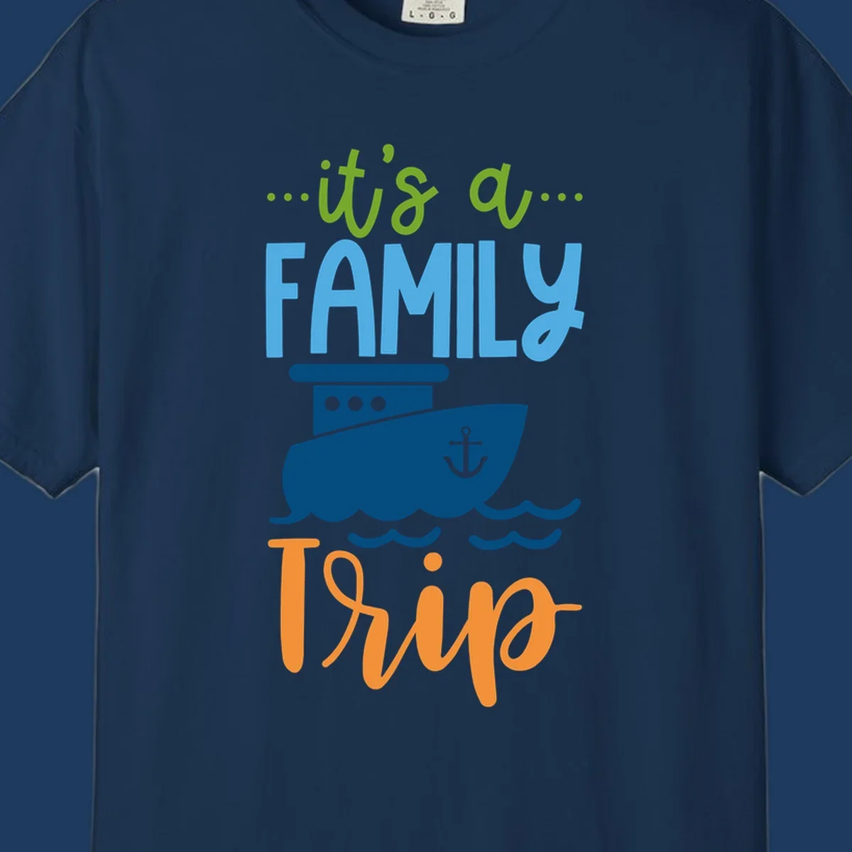 Colorful family cruise trip design with cruise ship, anchor, waves, and playful text saying 'It's a Family Thing' and 'It's a Trip'