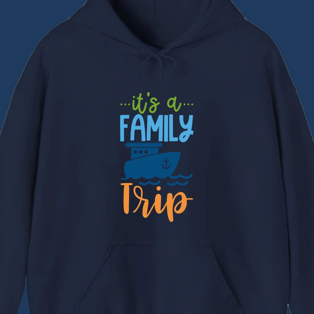 Colorful family cruise trip design with cruise ship, anchor, waves, and playful text saying 'It's a Family Thing' and 'It's a Trip'