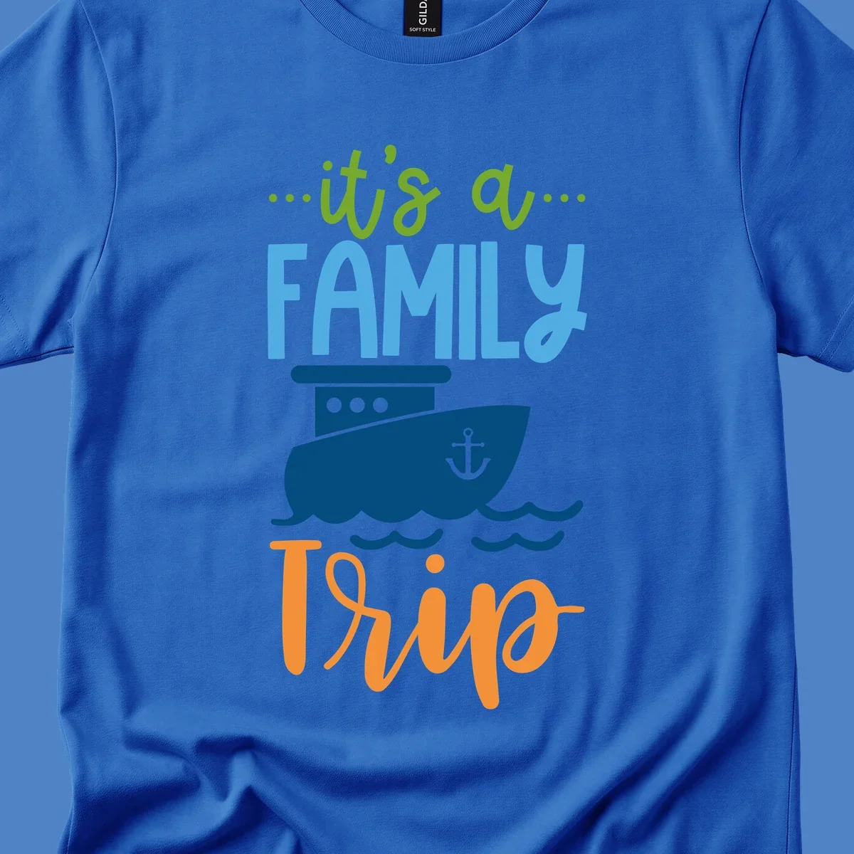 Colorful family cruise trip design with cruise ship, anchor, waves, and playful text saying 'It's a Family Thing' and 'It's a Trip'