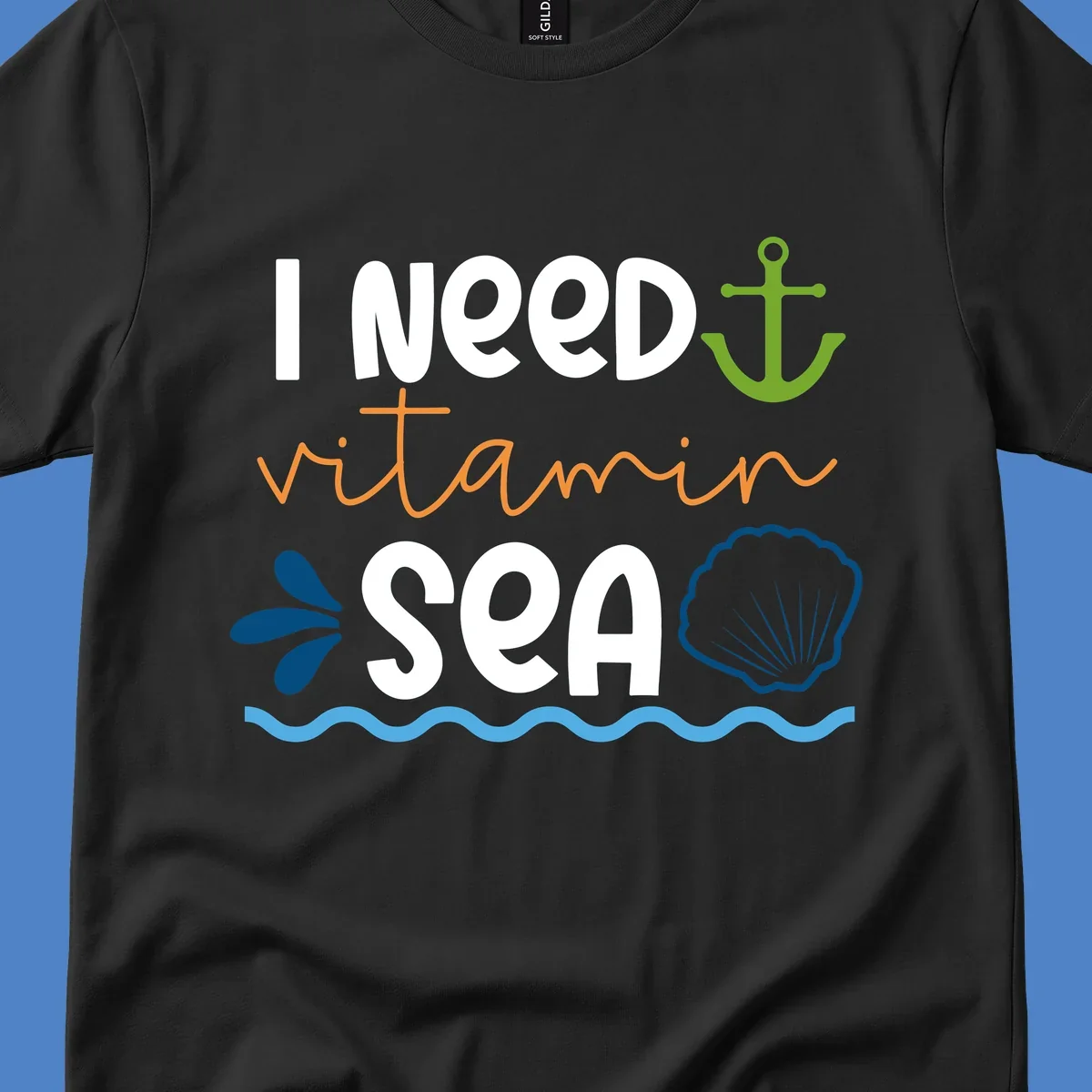 Nautical design with 'I NEED vitamin SEA' text, green anchor, orange waves, blue shell and water droplets on gray background