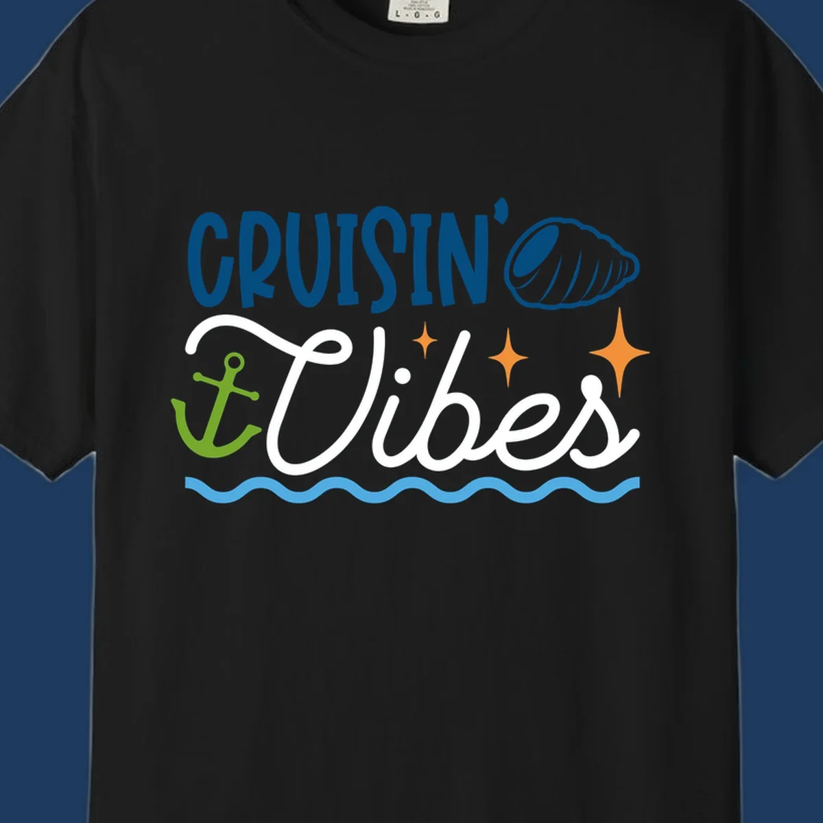 Cruisin vibes nautical design with seashell, anchor, stars, and ocean waves on gray background