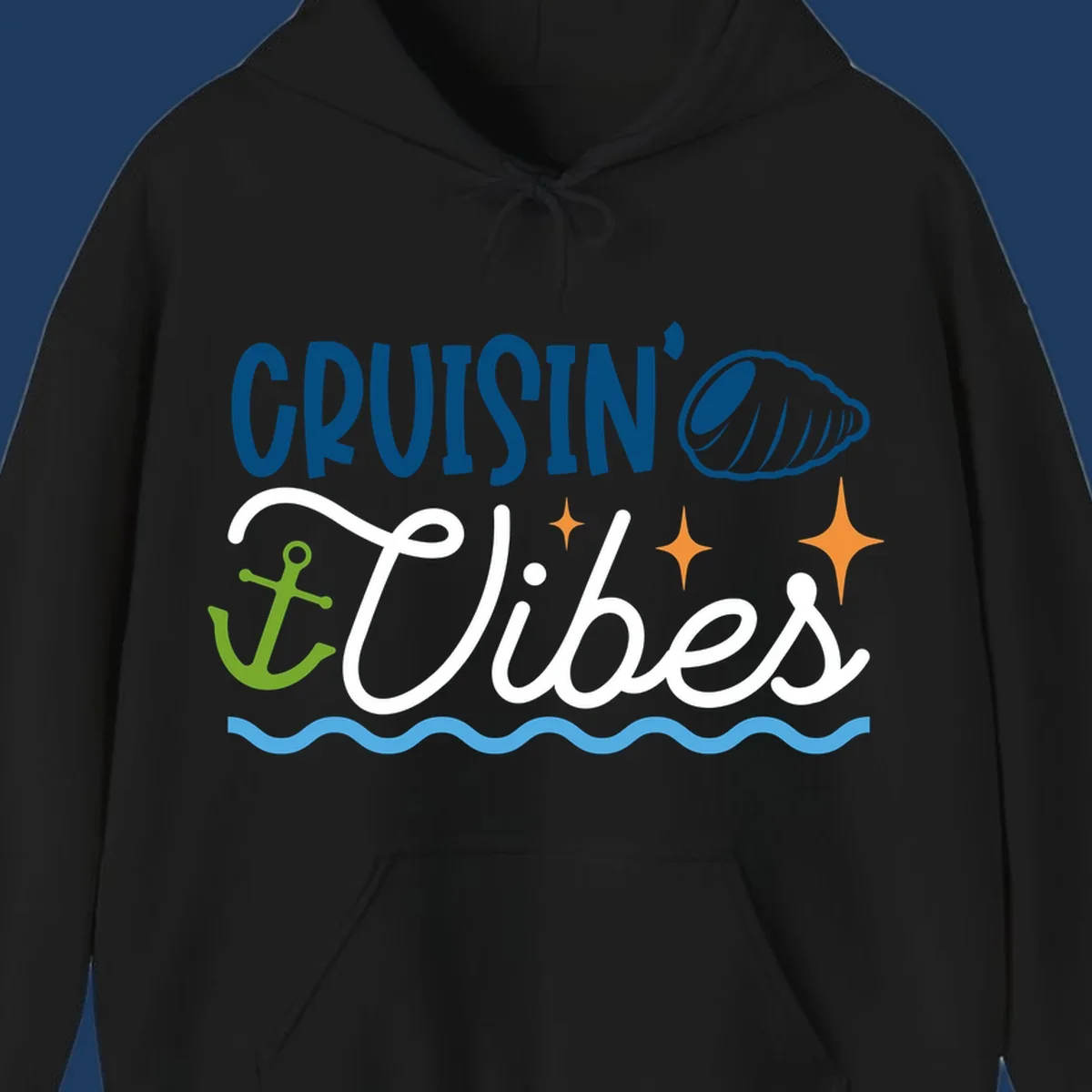 Cruisin vibes nautical design with seashell, anchor, stars, and ocean waves on gray background
