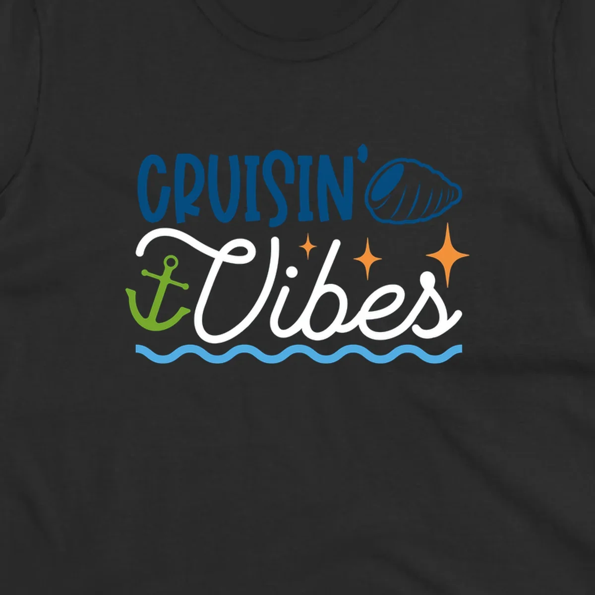 Cruisin vibes nautical design with seashell, anchor, stars, and ocean waves on gray background