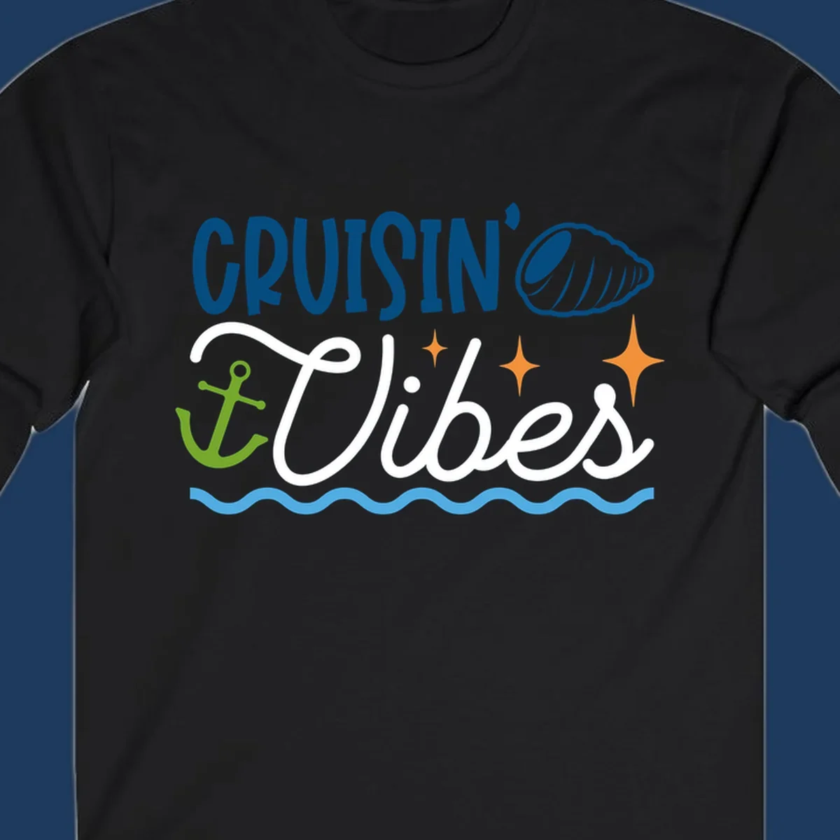 Cruisin vibes nautical design with seashell, anchor, stars, and ocean waves on gray background