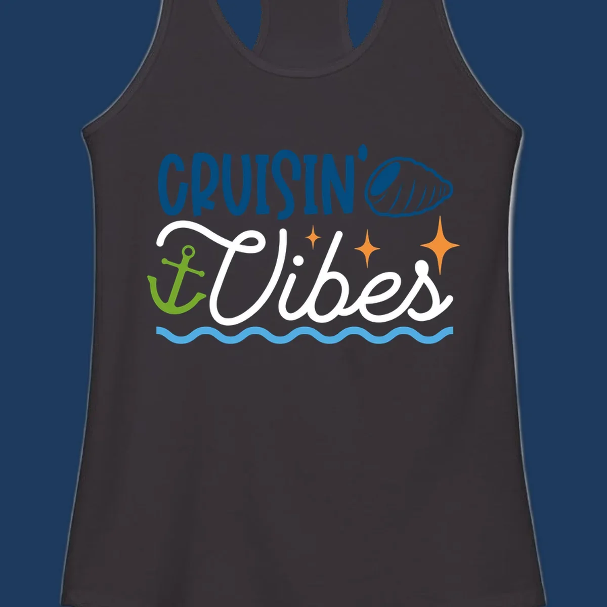 Cruisin vibes nautical design with seashell, anchor, stars, and ocean waves on gray background
