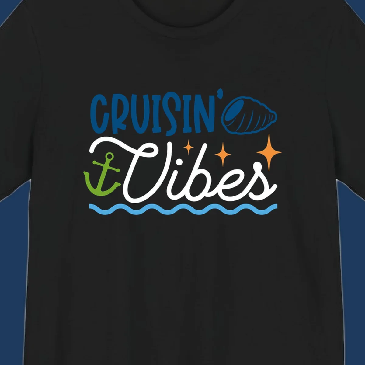 Cruisin vibes nautical design with seashell, anchor, stars, and ocean waves on gray background