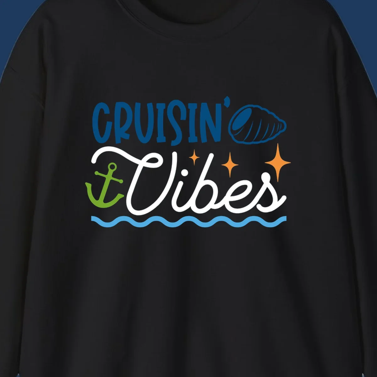 Cruisin vibes nautical design with seashell, anchor, stars, and ocean waves on gray background