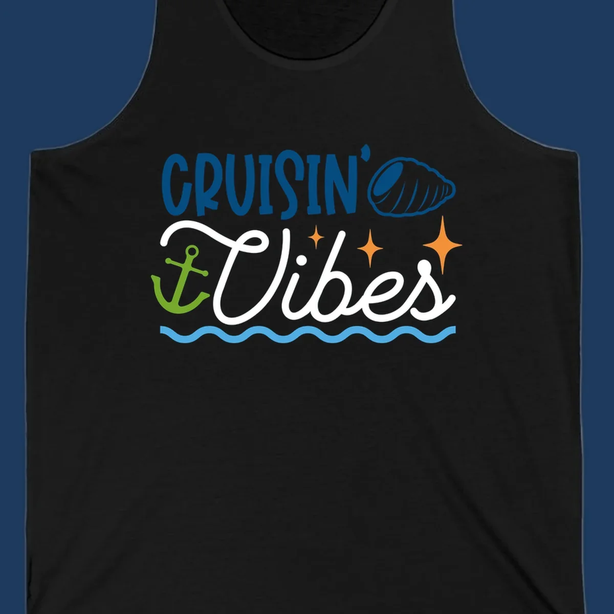 Cruisin vibes nautical design with seashell, anchor, stars, and ocean waves on gray background