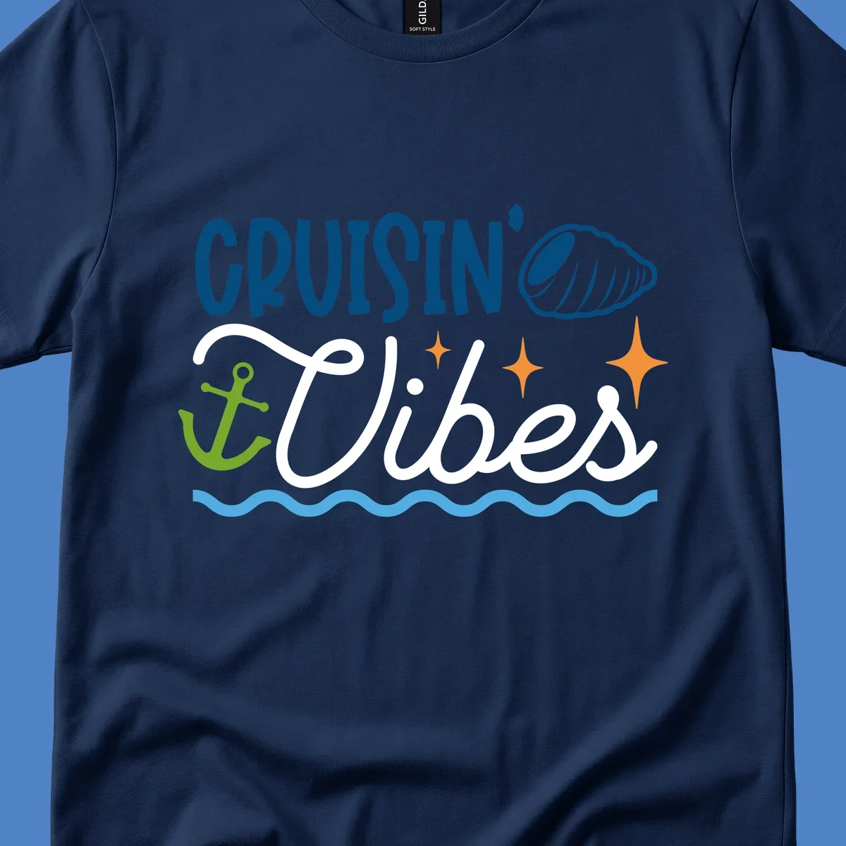 Cruisin vibes nautical design with seashell, anchor, stars, and ocean waves on gray background