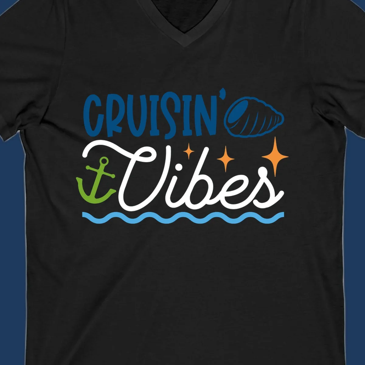 Cruisin vibes nautical design with seashell, anchor, stars, and ocean waves on gray background