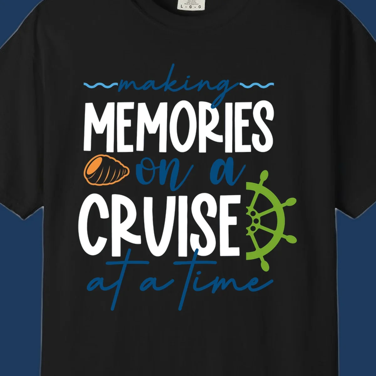 Making memories on a cruise design with seashell, ship wheel, and nautical wavy lines on gray background