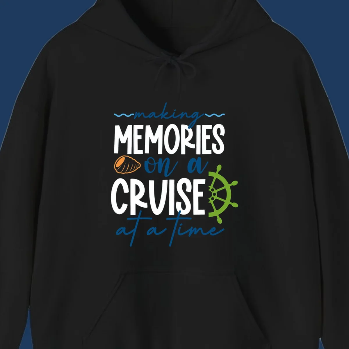 Making memories on a cruise design with seashell, ship wheel, and nautical wavy lines on gray background