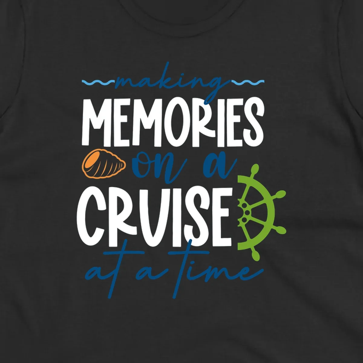 Making memories on a cruise design with seashell, ship wheel, and nautical wavy lines on gray background