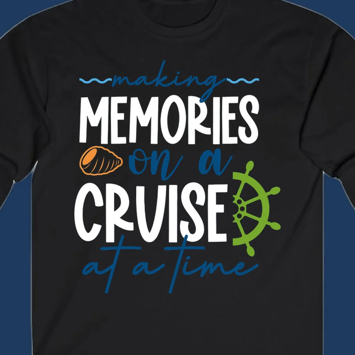 Making memories on a cruise design with seashell, ship wheel, and nautical wavy lines on gray background