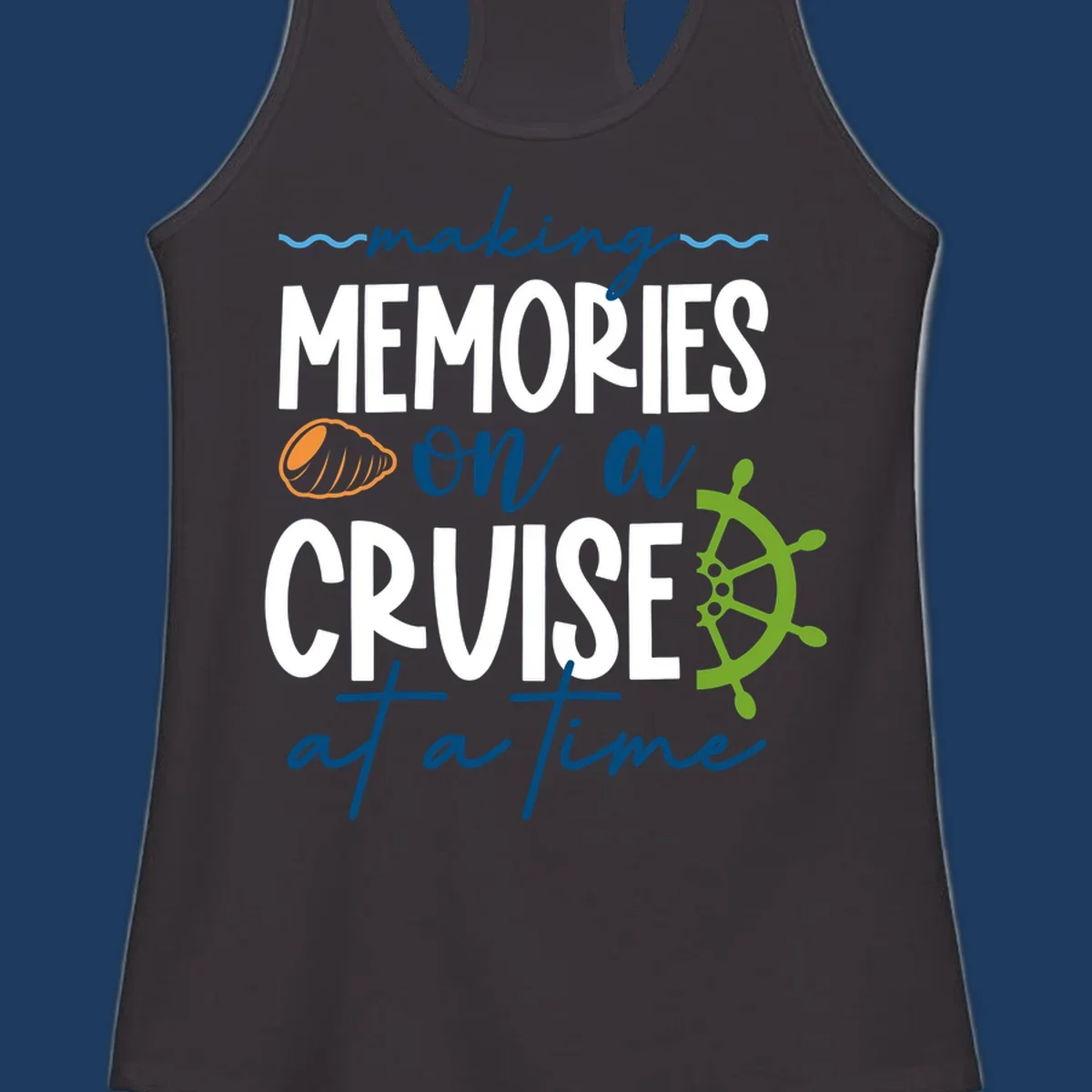 Making memories on a cruise design with seashell, ship wheel, and nautical wavy lines on gray background
