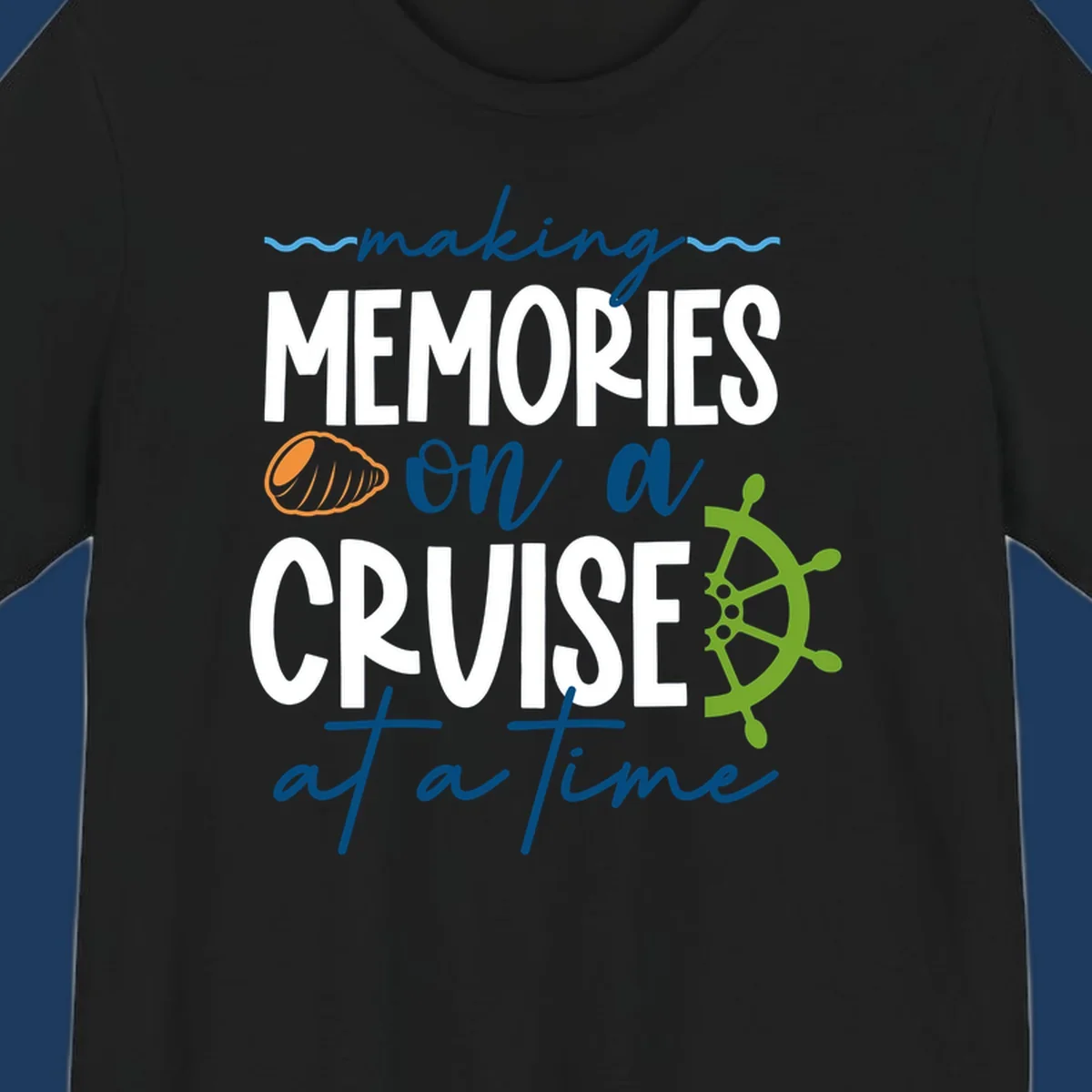 Making memories on a cruise design with seashell, ship wheel, and nautical wavy lines on gray background