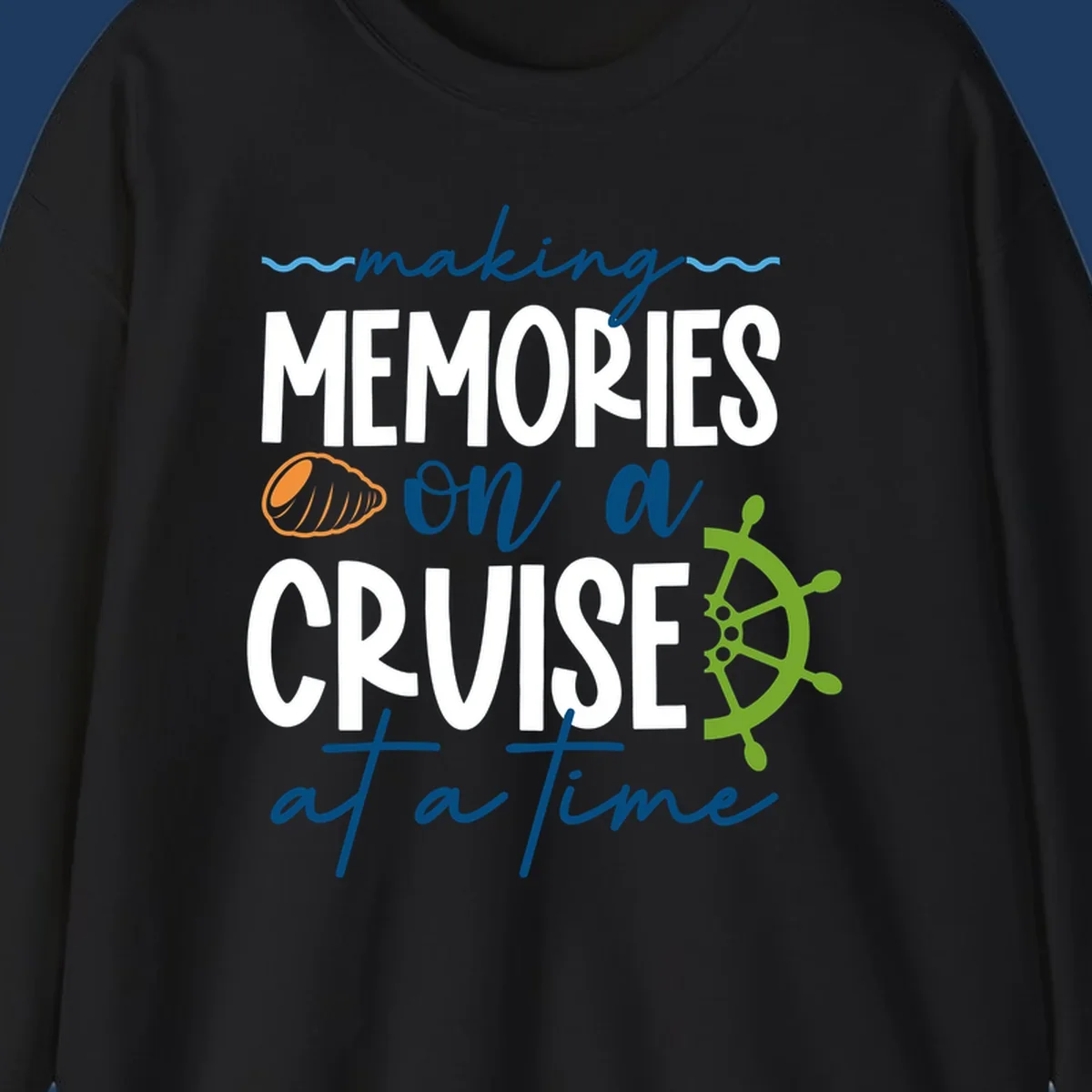 Making memories on a cruise design with seashell, ship wheel, and nautical wavy lines on gray background