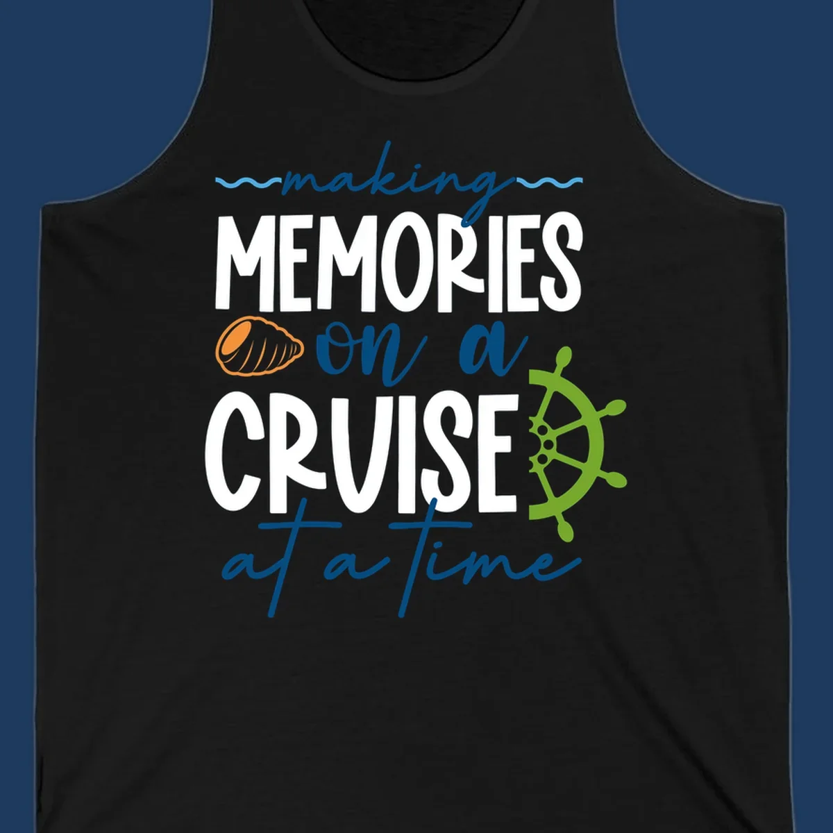 Making memories on a cruise design with seashell, ship wheel, and nautical wavy lines on gray background