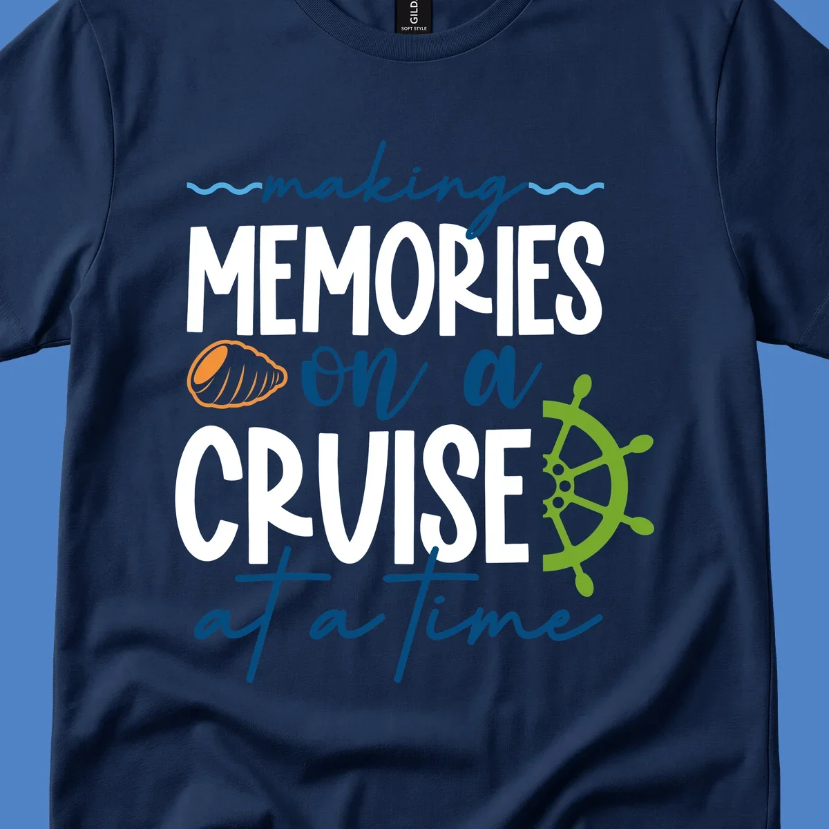 Making memories on a cruise design with seashell, ship wheel, and nautical wavy lines on gray background