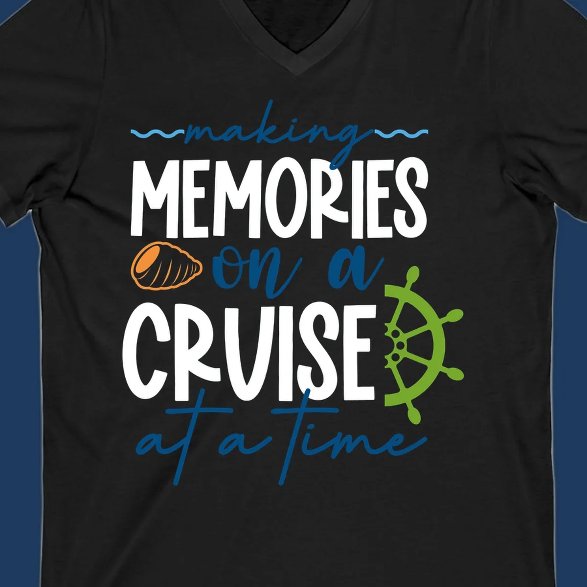 Making memories on a cruise design with seashell, ship wheel, and nautical wavy lines on gray background