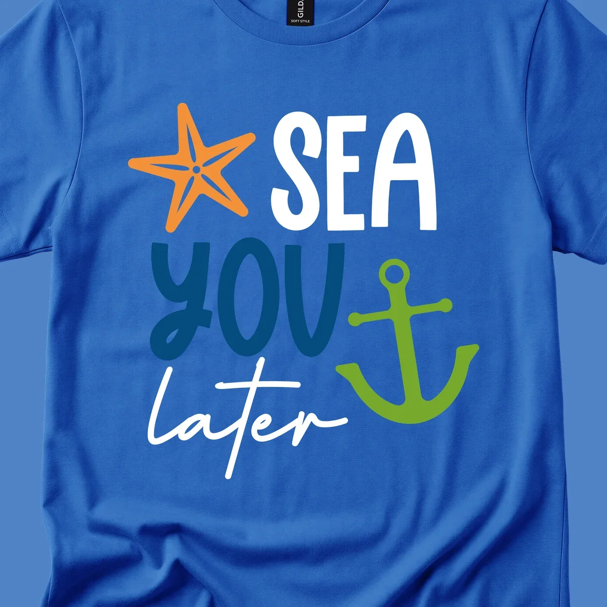 Sea you later cruise design with orange starfish, blue text, and green anchor on gray background