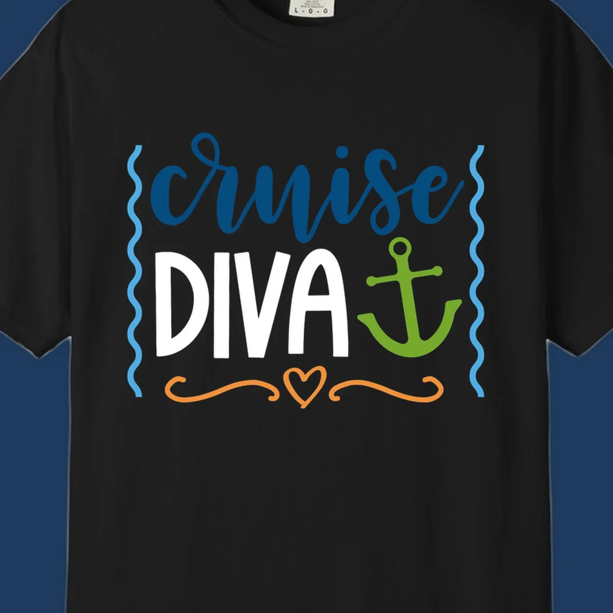 Cruise Diva design with bold white text, blue cursive lettering, green anchor, and decorative ocean-themed elements on gray background