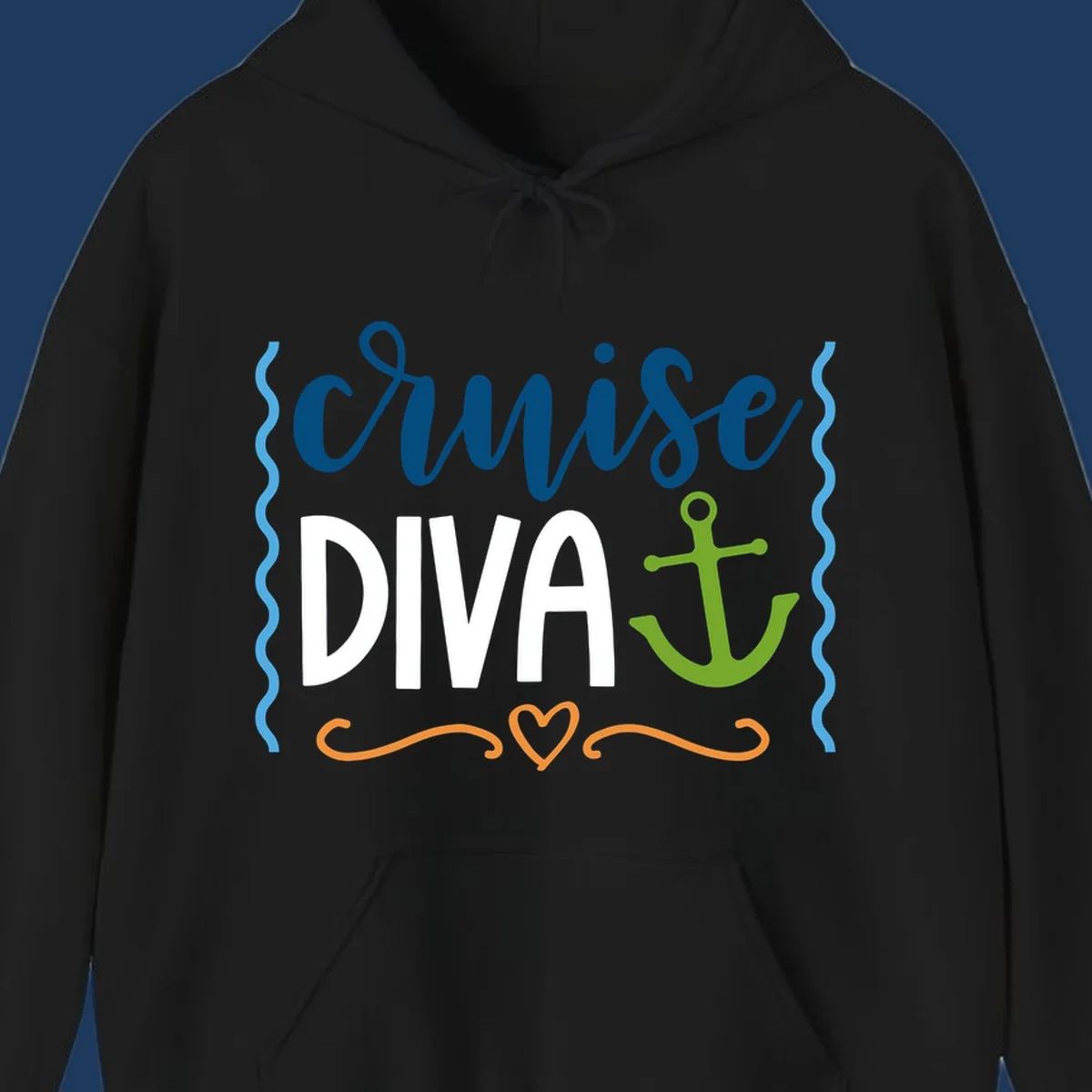 Cruise Diva design with bold white text, blue cursive lettering, green anchor, and decorative ocean-themed elements on gray background