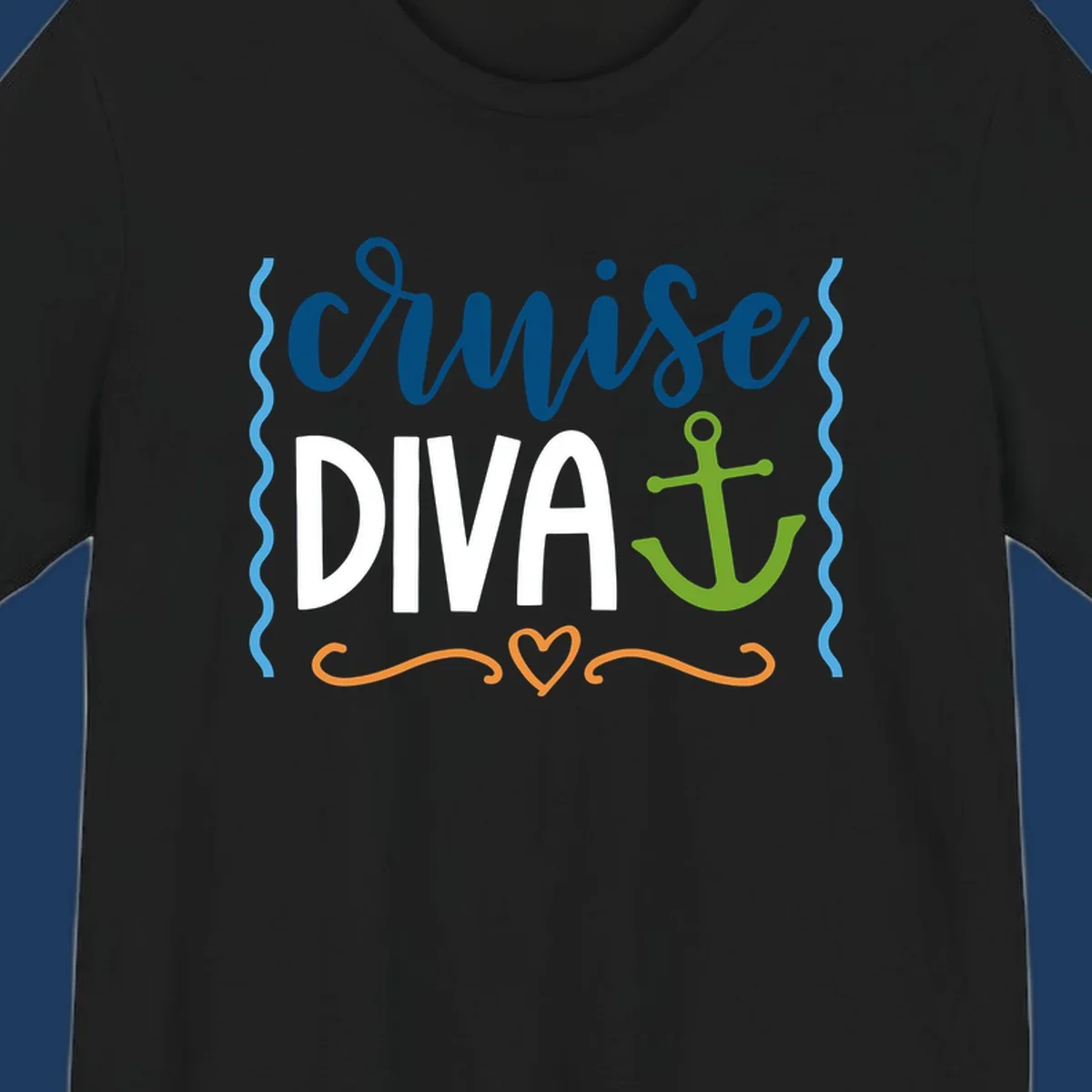 Cruise Diva design with bold white text, blue cursive lettering, green anchor, and decorative ocean-themed elements on gray background